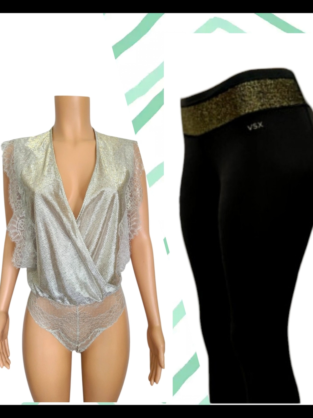 VSX Black Leggings with Metallic Waistband & Silver Lace Bodysuit